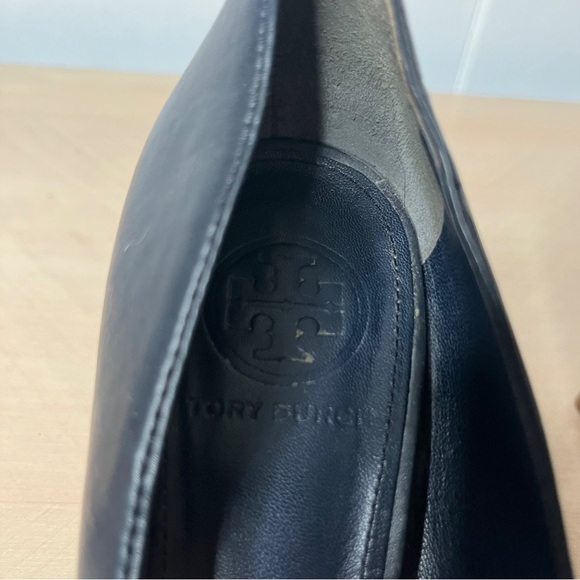 Tory Burch Navy Leather Heels Brown Stacked Heel Round Toe Women's 7.5 - Picture 5 of 11
